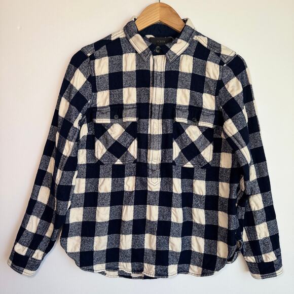 J Crew Plaid Flannel Half Zip Pullover Top Medium Buffalo Check Navy Blue White - Picture 1 of 14